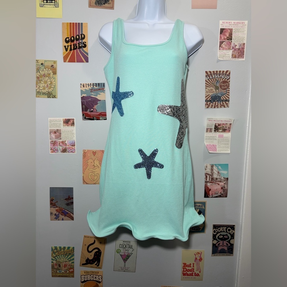 Girls Mint Green Starfish Sequin Tank Dress